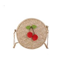 Straw Woven Messenger Bag, Womens Teen Girls Fashion Shoulder Small Round Handbag Cherry Shopping Makeup Packet (Khaki, One)
