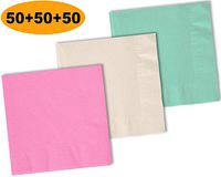 150 Beverage Napkins, Mint, Ivory, Candy Pink - 50 Each Color. 2 Ply Paper Cocktail Napkins. 5" folded, 10" unfolded.
