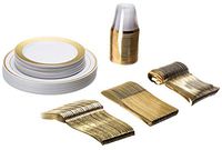 Plastic Dinnerware 150 Piece Set – 25 Dinner Plates, 25 Salad Plates, 25 Tumblers, 25 Spoons, 25 knives, 25 Forks – Premium Utensils Supplies For Wedding, Family Reunion, Thanksgiving - Gold