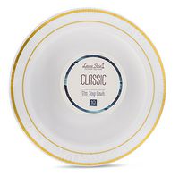 [40 Count - 12 Oz Bowls] Laura Stein Designer Tableware Premium Heavyweight Plastic White Soup Bowl With Gold Border, Party & Wedding Plate Classic Series Disposable Dishes