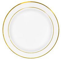 50 Premium Gold Rim Plastic Plates for Dinner Party or Wedding - 10 Inch White Gold Rimmed Disposable Plastics Plates