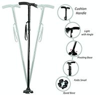 Medi-Cane Sturdy Standalone Folding Travel Walking Cane with Flashlight and Pivoting Wide Quad Foot Base Adjustable Hight Cane (Short, Flashlight Wide Base)