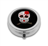 LuxSweet Pill Box,Sugar Skull Owl Pill Case for Purse Pocket Pill Organizer with 3 Compartments Silver 2.1 Inches Portable Vitamin Medicine Case Holder