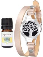 Wild Essentials Essential Oil Diffuser Tree of Life Bracelet, Stainless Steel Aromatherapy Locket, Rose Gold Leather Band with 8 Color Pads,Girls Women Jewelry Gift Set With Inner Calm Essential Oil
