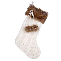 Modern White Knit Christmas Stocking - 20" H, 8" W, Brown Fur Boot Cuff and Pompoms, Soft, Knitted Boot, Attached Hanging Loop, Decoration, Gifts, Presents