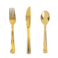 BGLROSOO 150 Pieces Gold Plastic Silverware Set, Disposable Flatware Set- Includes 50 Forks, 50 Spoons, 50 Knives, Suitable For Parties