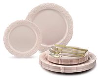 " OCCASIONS" 150pcs set (25 Guests)-Vintage Wedding Party Disposable Dinnerware Set Plastic Plates 10.25'', 7.5'' + Silverware w/double fork (Portofino Light Pink, Gold Silverware)