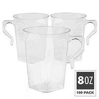 100 Plastic Coffee Cups with Handles, 8 oz Clear - Disposable or Reusable Tea Mug Pack