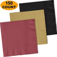 150 Lunch Napkins, Burgundy, Glittering Gold, Midnight Black - 50 Each Color. 2 Ply Paper Dinner Napkins. 6.5" folded, 13.5" unfolded.