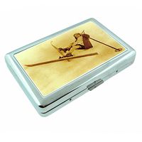 Vintage Retro Skiing Ski's Skier S31 Silver Cigarette Case Metal Wallet Id Holder 4" X 2.75" RFID Protection