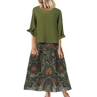 Summer Dresses for Women,Women Leisure O-Neck Loose 3/4 Sleeve Vintage Casual Floral Print Long Dress Green