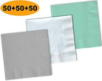 150 Beverage Napkins, Shimmering Silver, Bright White, Mint - 50 Each Color. 2 Ply Paper Cocktail Napkins. 5" folded, 10" unfolded.
