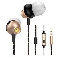 LEZII Wired Earbuds Headphones, Fullmetal Earphones, 3.6 Feet Long Fabric Cord, Nylon Cord, in-Ear, Stereo Bass, Microphone Call Controller, Next/Previous Song, Sport Running for iPhone Android Gold