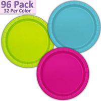 96 Paper Dinner Plates (9") - Aqua, Neon Green, Neon Pink - 32 Per Color, 3 Colors - Great Assortment for Birthday Parties, Weddings, Holidays, Baby Shower, Celebrations, and more