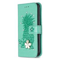 3D Crystal Flower Wallet Case for iPhone 11 6.1" 2019,Aoucase Cute Pinapple Painted Diamond Magnetic Strap PU Leather Card Slot Shockproof Flip Stand Case with Black Dual-use Stylus,Mint Green