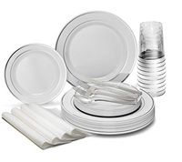 " OCCASIONS" 200pcs set (25 Guests)-Heavyweight Wedding Party Disposable Plastic Plate Set -25 x 10.5'' + 25 x 7.5'' + Silverware + Cups +linen like paper Napkins (White & Silver Rim)