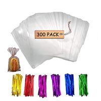 SCHOLMART Clear Flat Cello Cellophane Treat Bags with Twist Ties, Metallic Tie for Bakery, Cookies, Candies, Dessert, Bun (100 Pieces) (6 x 9 Inches)