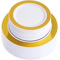 WDF 102 pieces Gold Plastic Plates -Disposable Plastic Plates with Gold Rim -Wedding Party Plates include 51-10.25" Dinner Plates and 51-7.5" Salad Plates
