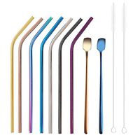 Vker Reusable Stainless Steel Drinking Straws Sets,Reusable Metal Straws for 20oz Tumblers Cups, With 2 Iced Tea Spoons, 2 Cleaning Brush and Carry Case (Bent straws)