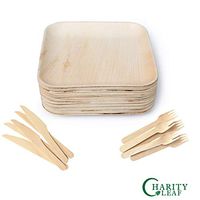 Charity Leaf 8" Disposable Palm Plate With Knife And Fork Bamboo Like Square Plates | All Natural, Biodegradable and Chemical Free | Weddings, BBQs, and Parties (25 Plates, 25 Forks, and 25 Knives)