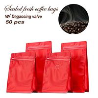 Stand-up Storage Bags Pouches Airtight Coffee Bean Flower Tea Snack Dried Fruit Food with Degassing Valve 16 OZ High Barrier 50 Pack Zipper (Glossy Red)