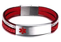 Free Engraving Medical Alert ID Bracelet for Women with 2-Layers Velvet & Rhinestone Link 7.5",Red