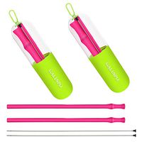 GALINPO 2 Pack Collapsible Reusable Straw,Food-Grade Silicone Folding Drinking Straws Portable Travel Straw Set with Cleaning Brush and Keychain Case(Pink/Pink)