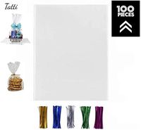 100 Pcs 12x16 Clear Flat Cello/Cellophane Treat Bags for Gift Wrapping, Bakery, Cookie, Candies, Dessert, Party Favors Packaging, with Color Twist Ties!