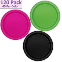 120 Paper Dessert Plates (7") - Lime Green, Neon Pink, Black - 40 Per Color, 3 Colors - Great Assortment for Birthday Parties, Weddings, Holidays, Baby Shower, Celebrations, and more