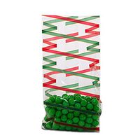 Small Red & Green Diagonal Stripe 7x2x3" Cello Party Treat Food Snack Food Bags (100 ct)