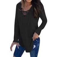 HIRIRI Women's Lace Up Front Long Sleeve Tops V Neck Baseball Tee Shirt Loose Tunic Shirts Pullover Black