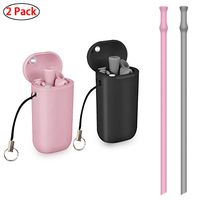 Collapsible Reusable Straws Drinking Silicone Foldable Straw with Case 2 Pack Black/Pink