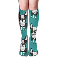 YangAme Boston Terrier Dog Blue 50 Full Comfort Knee High Socks Cotton Long Knee High Socks