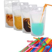 100pcs Zipper Drink Pouches Bags Smoothie Bags Heavy Duty Hand-held Translucent Stand-up Plastic Pouches Bags Drinking Bags 2.4" Bottom Gusset with 100pcs Straws