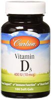 Carlson - Vitamin D3, 400 IU, Bone Support, Immune Function & Heart Health, 100 soft gels