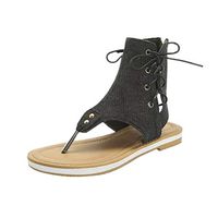 Cenglings Women's Clip Toe Beach Denim Plus Size Flat Sandals Lace Up Hollow Out Zipper Ankle Straps Gladiators Rome Shoes(Black,39)