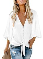 Kelove Womens Solid Color Button Down V-Neck Tops, 3/4 Flare Sleeve Tie Knot Shirt Blouse White