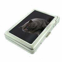 Cigarette Case with Built in Lighter Silly Cat Kitten S12 Smoking King Size Cigarettes Silver Metal Wallet 4" X 2.75" RFID Protection