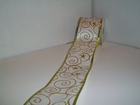 Gift Wrapping, Christmas Ribbon Wired Polyester Satin Glitter Star / Swirls Ribbon, 2-1/2-Inch by 10-Yard Spool, White Gold Star Swirls /Gold Edge