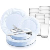 360 Piece Elegant Disposable Plastic Dinnerware Set for 60 Guests - Fancy Round Clear Swirl Rim Dinner Plates, Appetizer Plates, Silverware Set & Cups For Wedding, Easter, Birthday & All Occasions