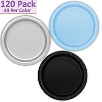 120 Paper Dessert Plates (7") - Light Blue, Silver, Black - 40 Per Color, 3 Colors - Great Assortment for Birthday Parties, Weddings, Holidays, Baby Shower, Celebrations, and more