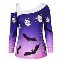 general3 Women One Shoulder Skew Neck Tops Halloween Bats Print Ripped T-Shirt Pullover Loose Casual Blouse (Purple, Medium)