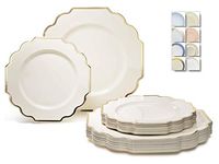 " OCCASIONS" 50 Plates Pack (25 Guests)-Wedding Party Disposable Plastic Plate Set -(25 x 10.5'' Dinner + 25 x 8'' Salad/Dessert) (Imperial Ivory & Gold)