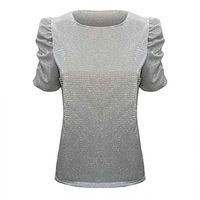 Eoeth Blouse Shirts for Women Fashion Long Sleeve Solid Sequin Stand Collar Puff Sleeve Tops Pullover T-Shirts Tracksuits Silver