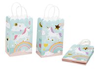 Paper Gift Bag - 24-Pack Rainbow Unicorn Party Favor Bags, Paper Treat Bags for Kids Birthday, Light Blue with Gold Foil Accent, 5.5 x 8.6 x 3 Inches