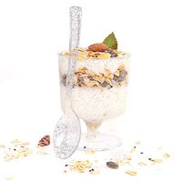 WDF 96PACK 7oz Silver Glitter Medium Large Plastic Dessert Cups With Spoons-48 Disposable Appetizer Cups |Wine Goblet Glasses & 48 Silver Glitter Tasting Spoons