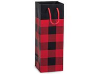 Pack Of 10, Wine Size 4.5 x 4.5 x 13" Buffalo Plaid Matte Laminated Wine Size Paper Gift Bags W/Cord Handles