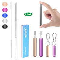 2 PACK - Reusable Telescopic Travel Metal Straws, Yoocaa Portable Stainless Steel Food-grade Drinking Straws with Aluminum Case, Dishwasher Safe with Cleaning Brush（Gold,Purple）