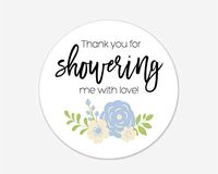 24 Blue Floral Thanks for Showering Stickers, Baby Shower Bridal Shower and Event Favor Labels (#494-2-M-BG)