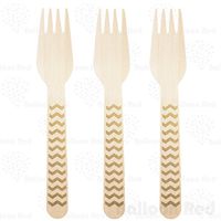Stamped Wooden Disposable Forks (Premium Quality), Pack of 24 - Chervon - Gold